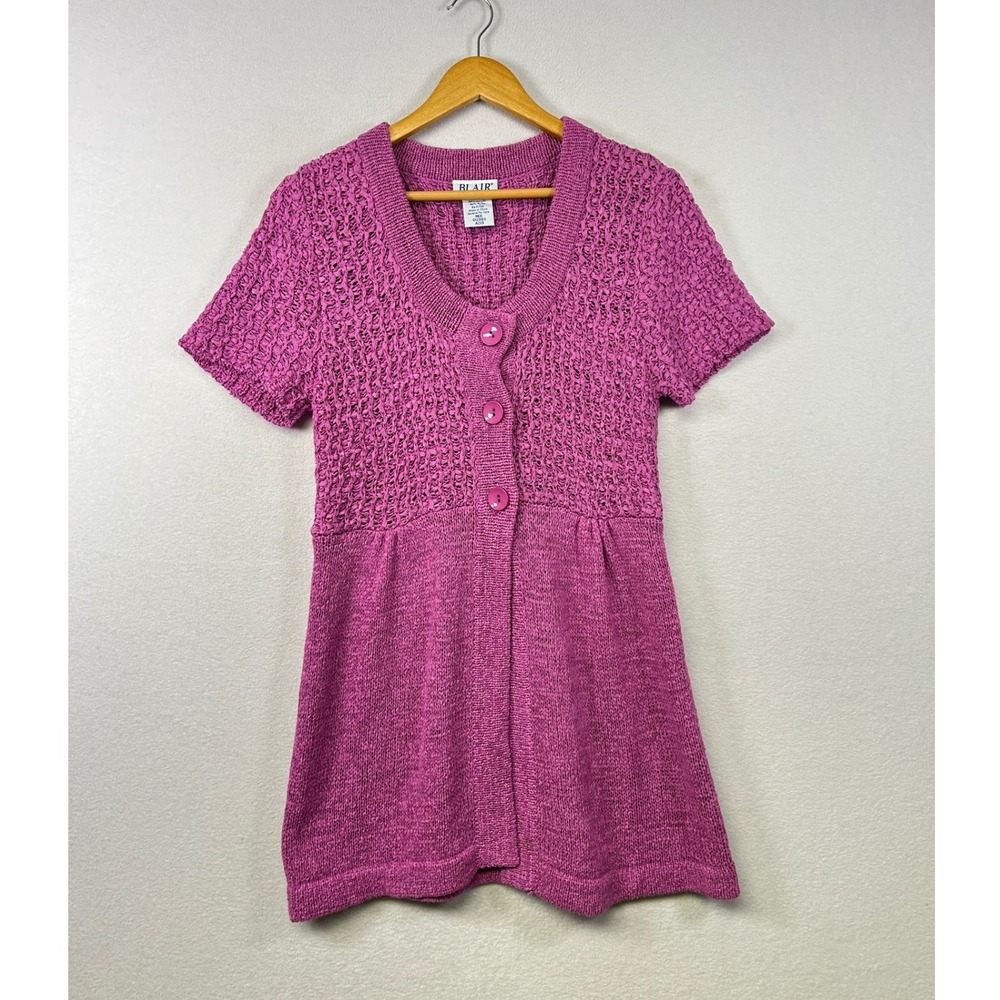 Y2K Women's Pink Short Sleeve Button Front‎ Knit Cardigan Sweater Med
